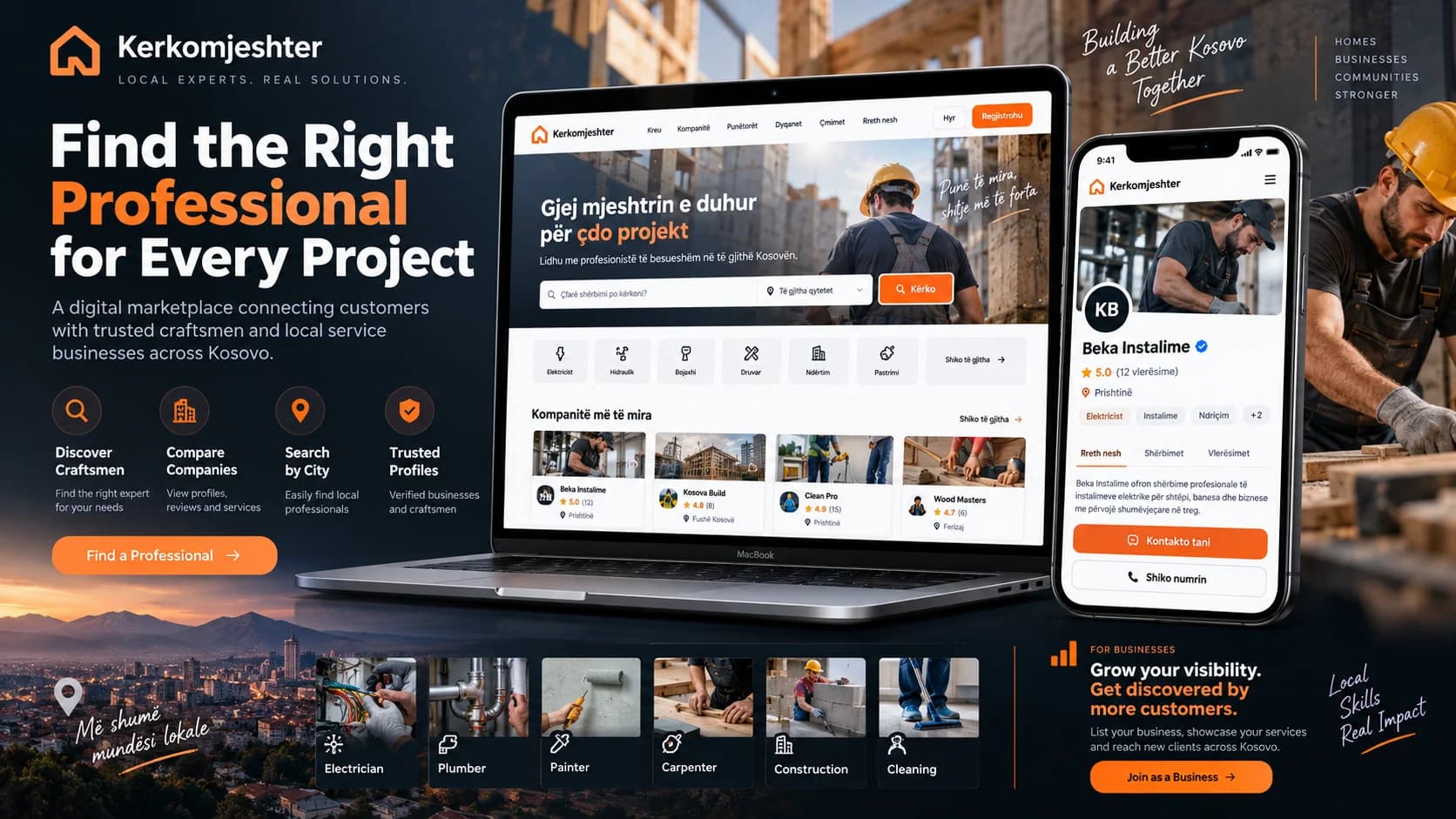 Kerkomjeshter presentation artwork with illustrative business discovery and service provider screens