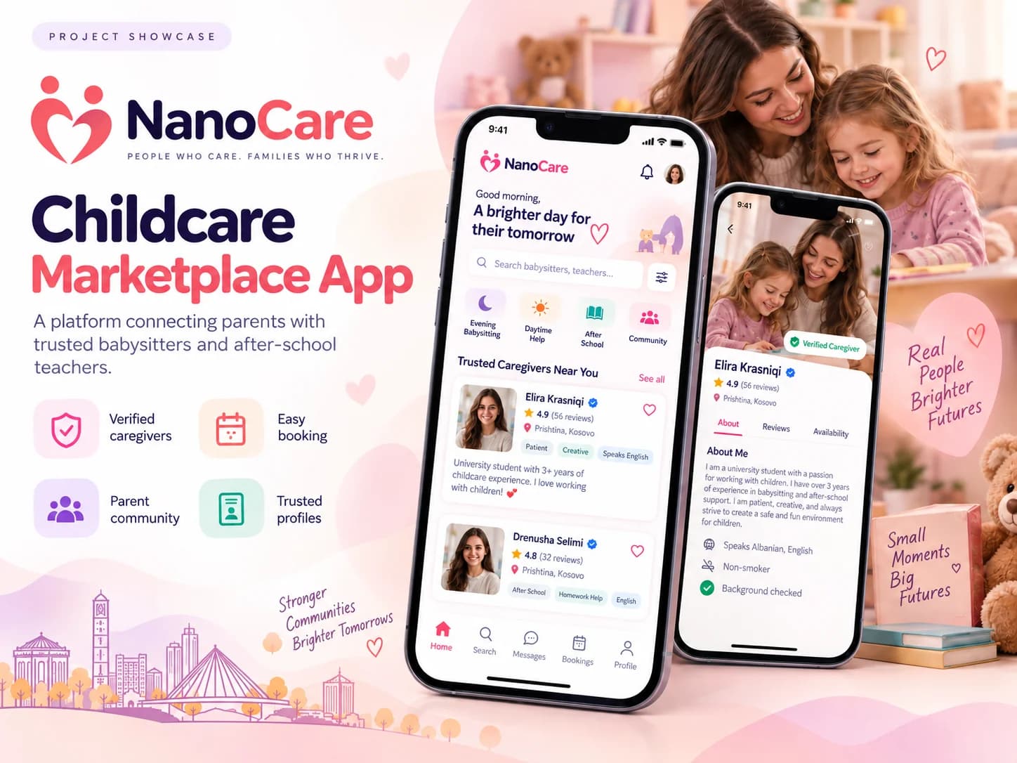 NanoCare presentation artwork with illustrative mobile caregiver discovery and profile screens